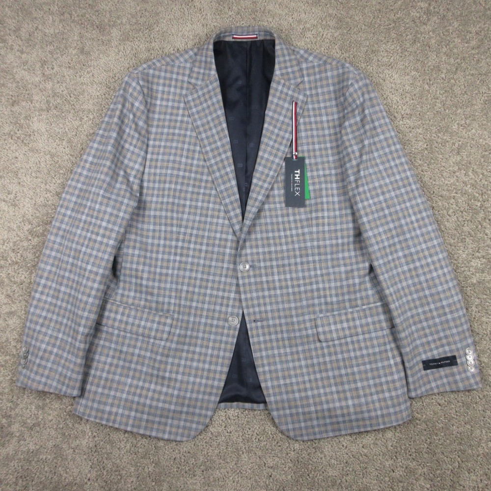 Tommy Hilfiger Jacket Mens 48 R Blue Gray Plaid TH Flex Blazer Sport Coat NEW